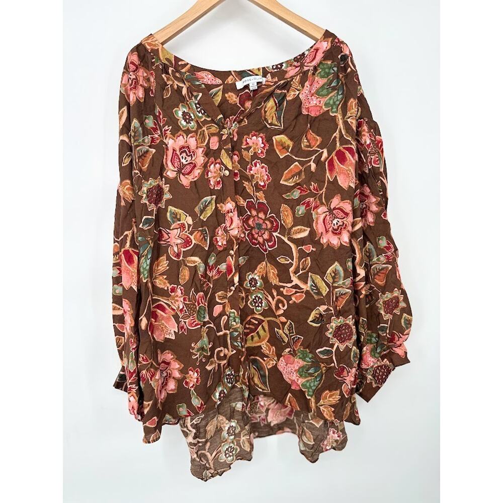ROSE+OLIVE Tunic Button Top Blouse Floral Brown Women Plus Size 3X Cottage Boho